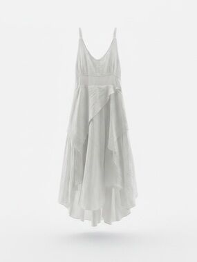 blanc du nil White Layered Cotton Hippie Boho Coastal V-Neck Midi Strap Dress